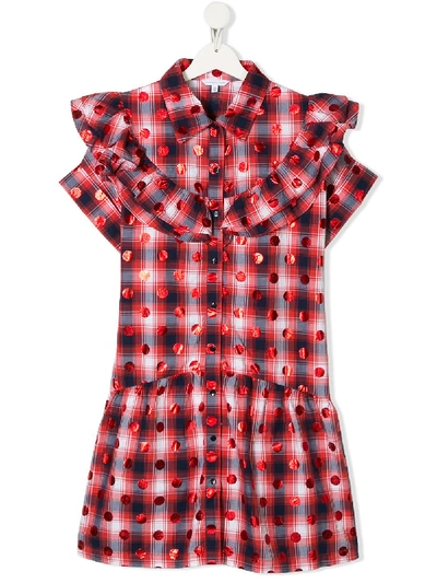 Little Marc Jacobs Kids' Dotted Checked Cotton Dress In Rosso