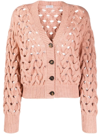 Brunello Cucinelli Cable Knit Buttoned Cardigan In Rose