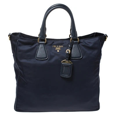 Pre-owned Prada Navy Blue Tessuto And Saffiano Leather Tote In Black