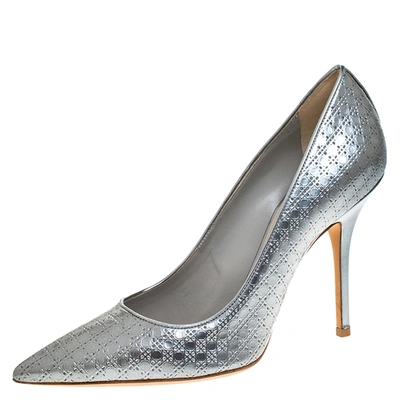 Pre-owned Dior Metallic Silver Cannage Leather Cherie Pointed Toe Pumps Size 38