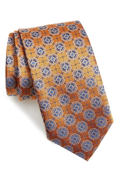 Canali Floral Medallion Silk Tie In Orange