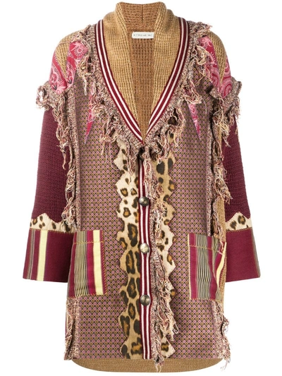 Etro Knitted Patchwork Coat With Fringe In Brown