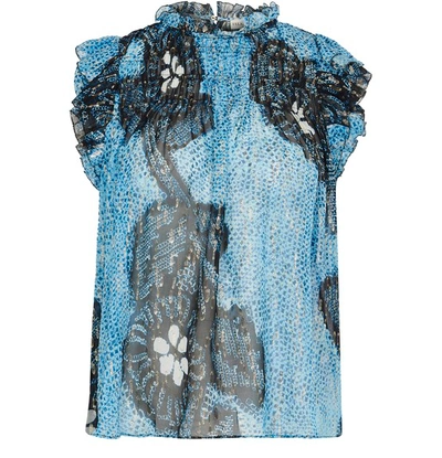 Ulla Johnson Aya Floral Metallic Flutter Sleeve Silk Blouse In Sky