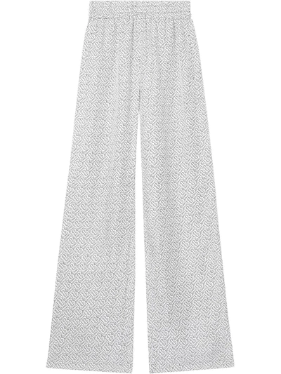 Burberry Seighford Tb Monogram Print Silk Wide Leg Trousers In White Ip Pattern