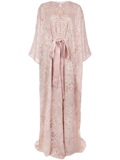 Marchesa Split Neck Re-embroidered Lace Caftan In Pink