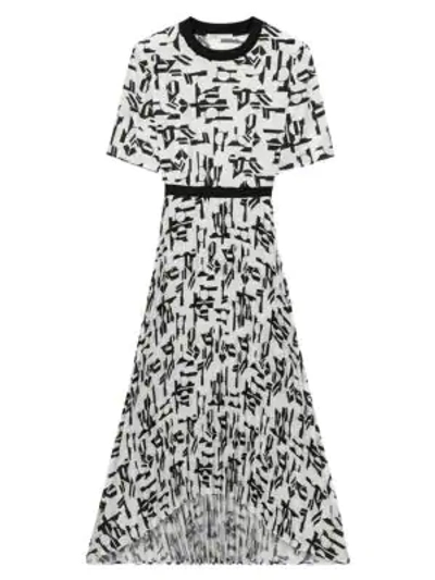 Maje Rosyla Printed Plissé Crepe De Chine Midi Dress In White/black