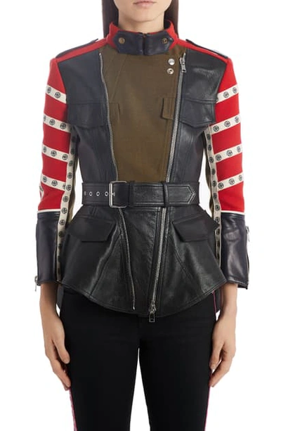 Alexander Mcqueen Logo Stripe Mixed Media Peplum Moto Jacket In Multi