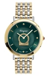 Ferragamo Minuetto Bracelet Watch, 36mm In Gold/ Green/ Silver