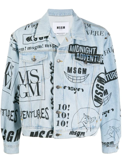 Msgm Denim Jacket With All-over Print In Blue