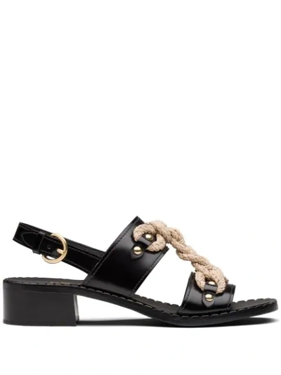 Prada Woven Cord Leather Sandals In Black