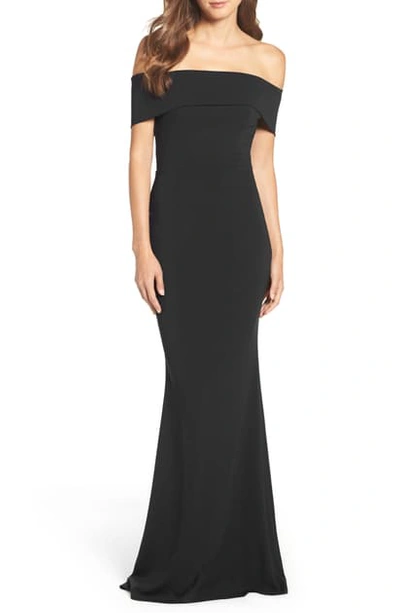 Katie May Hannah Off The Shoulder Crepe Trumpet Gown In Black