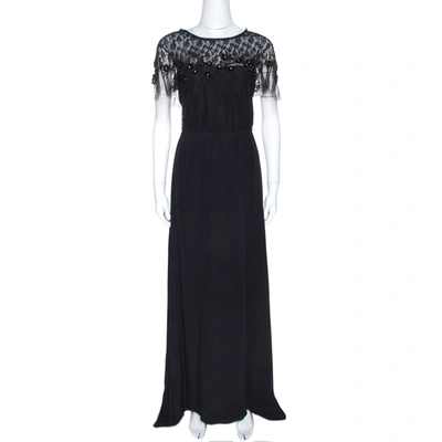 Pre-owned Valentino Black Silk Embellished Lace Trim Maxi Dress L