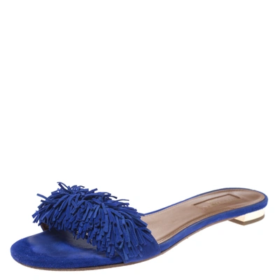 Pre-owned Aquazzura Blue Suede Wild Thing Fringe Trimmed Flat Slides Size 36