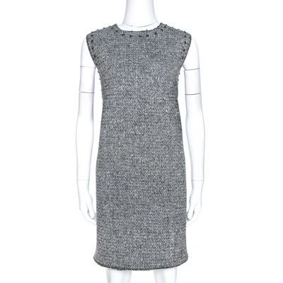 Pre-owned Valentino Monochrome Tweed Studded Sleeveless Shift Dress L In Black