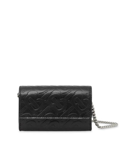 Burberry Small Monogram Leather Wallet With Detachable Strap In Black
