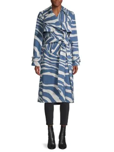 Roberto Cavalli Caban Zebra-print Trench Coat In Blue