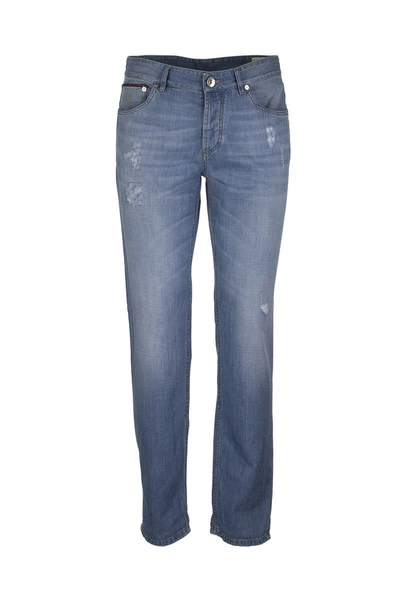Brunello Cucinelli Lightweight Denim Traditional Fit Five-pocket Trousers With Rip Details In Blue