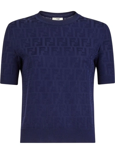Fendi Ff-monogram Jacquard Cotton-blend Top In Blue
