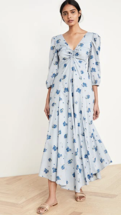 Free People Sea Glass Floral-print Cotton Midi Dress In Blue