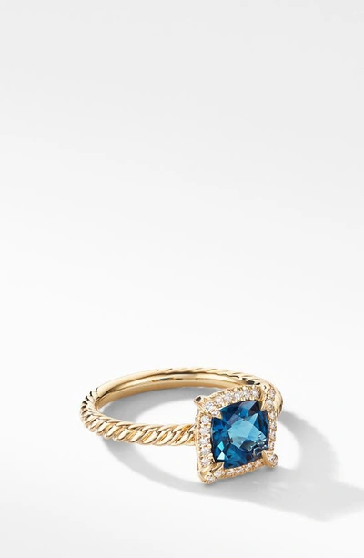 David Yurman Petite Chatelaine Pave Bezel Ring In 18k Gold With Blue Topaz In Yellow Gold/ Blue Topaz