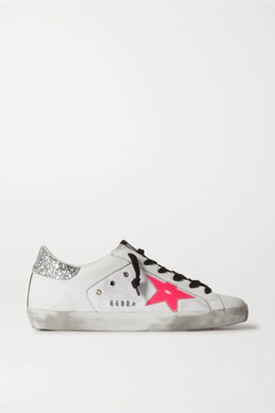 Golden Goose Superstar Distressed Glittered Leather And Canvas Trainers In White