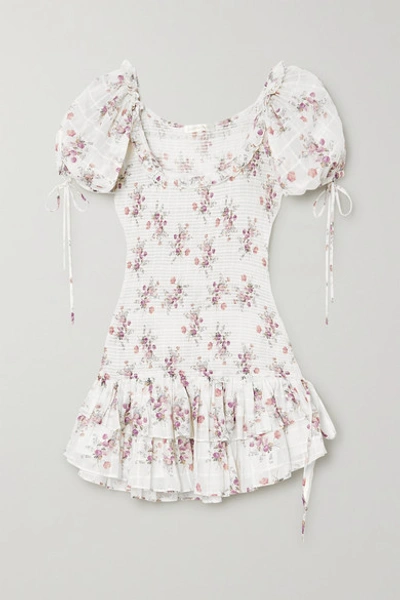 Loveshackfancy Aerin Violet Floral-print Shirred Cotton-voile Mini Dress In White