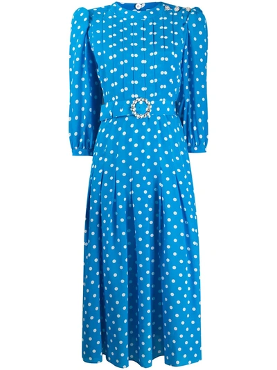 Alessandra Rich Crystal-belt Pleated Polka-dot Silk Midi Dress In Light Blue