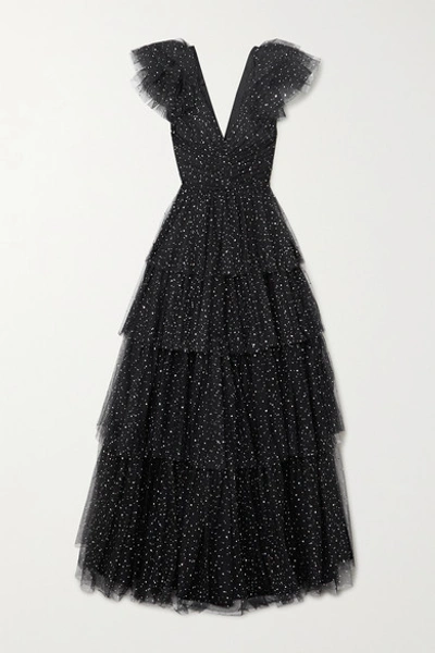 Jenny Packham Glinda Tiered Glittered Tulle Gown In Black