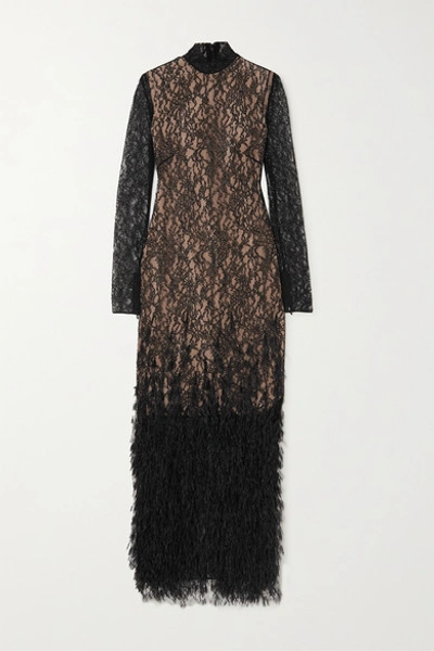 Ralph & Russo Feather-trimmed Crystal-embellished Stretch-lace Gown In Black