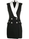 Balmain Double-breasted Satin-trimmed Wool Mini Dress In Black