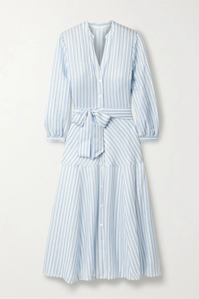 Veronica Beard Jenna Belted Striped Linen, Silk, And Modal-blend Midi Shirt Dress In Light Blue