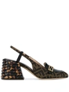 Fendi Logo-embellished Croc-effect Leather And Canvas-jacquard Slingback Pumps In Brown,black