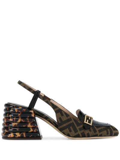 Fendi Logo-embellished Croc-effect Leather And Canvas-jacquard Slingback Pumps In Grey