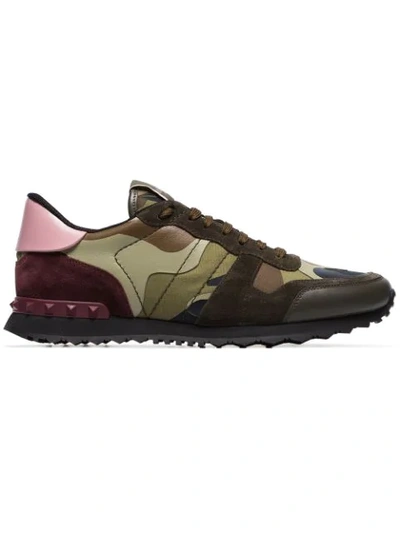 Valentino Garavani Men's Rockrunner Camo Leather Sneakers In Military Green