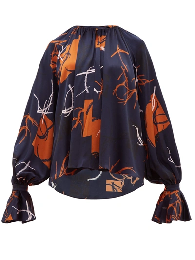 Roksanda Ruffle-trimmed Printed Silk-satin Blouse In Midnight Blue