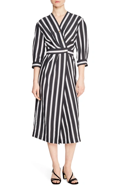 Sandro Carl Striped 3/4 Sleeve Snap Midi Wrap Dress In Black