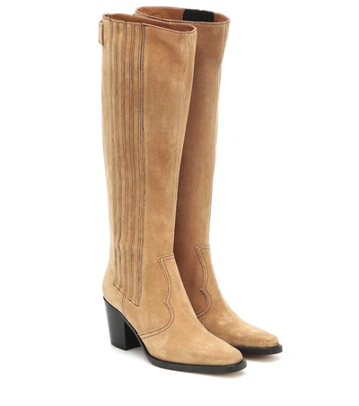 Ganni Square-toe Suede Knee-high Boots In Brown