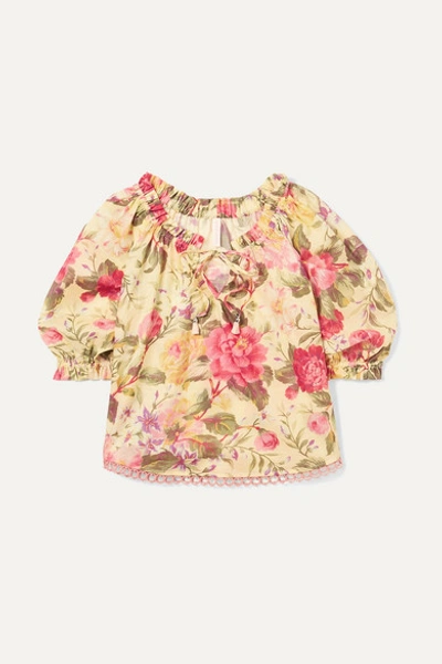 Zimmermann Kids' Honour Gathered Floral-print Cotton-voile Top In Yellow