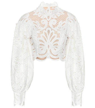Zimmermann Wavelength Guipure Lace Crop Balloon Sleeve Blouse In Ivory
