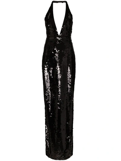 Tom Ford Halterneck Low V-neck Sequin Gown In Black