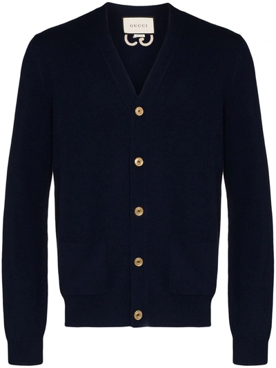 Gucci Blue Embroidered Gg Cashmere Cardigan