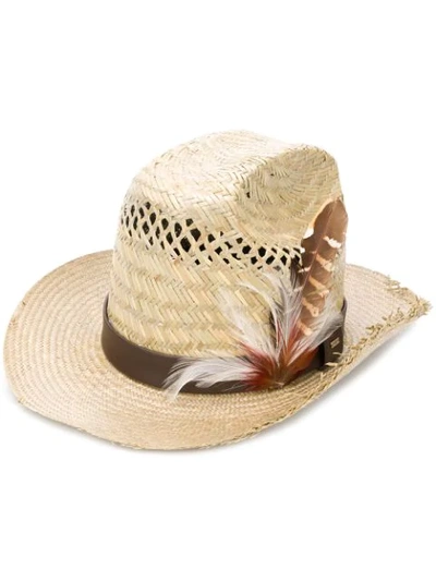 Saint Laurent Feather-embellishment Straw Cowboy Hat In Neutrals