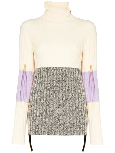 Moncler Colour-blocked Ribbed-knit Turtleneck Sweater In Neutrals