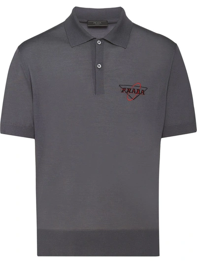 Prada Embroidered Logo Polo Shirt In Grey