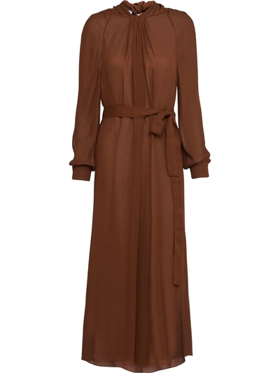Prada Pleated Twisted Detail Midi Dress In Brown