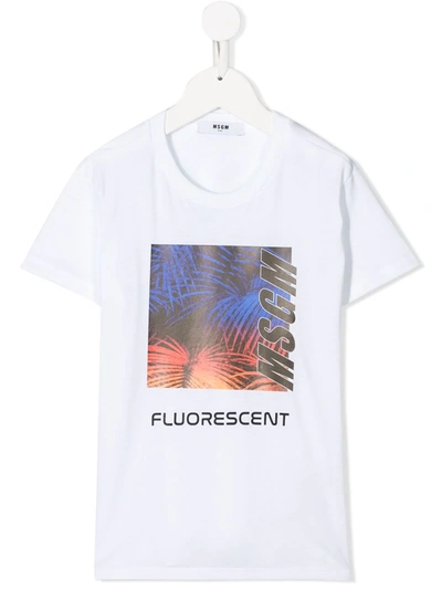 Msgm Kids' Foliage-print Logo T-shirt In White