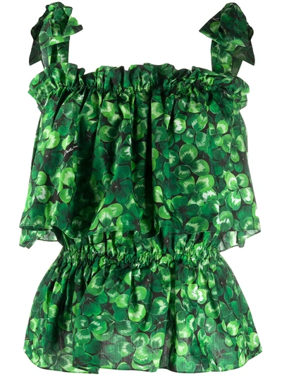 Dolce & Gabbana Poplin Clover-print Tie-shoulder Tiered Ruffle Top In Green