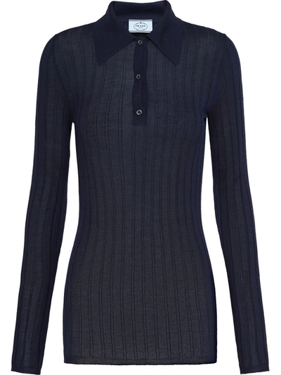 Prada Ribbed Knitted Polo Shirt In Blue