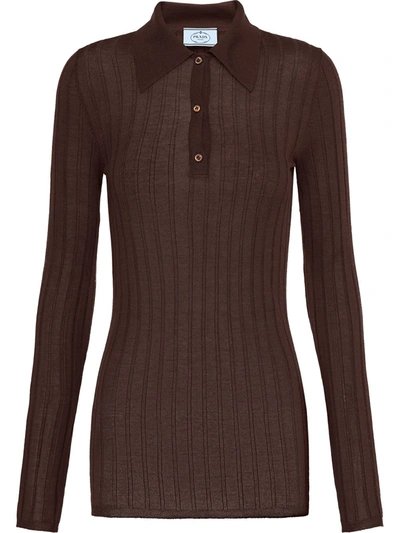 Prada Ribbed Polo Shirt In Brown