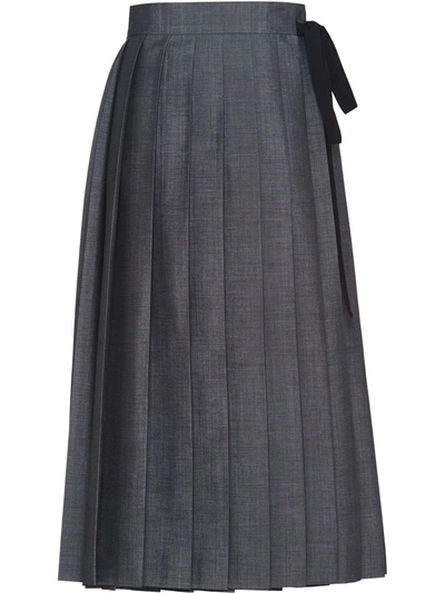 Prada Pleated Tie Back Mohair Wool Midi Skirt In Grey